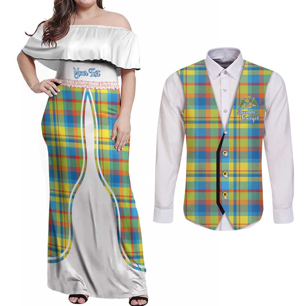 Personalized Dominica Creole Day Couples Matching Off Shoulder Maxi Dress and Long Sleeve Button Shirt Jounen Kweyol Blue Madras Proud - Wonder Print Shop