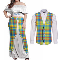 Personalized Dominica Creole Day Couples Matching Off Shoulder Maxi Dress and Long Sleeve Button Shirt Jounen Kweyol Blue Madras Proud - Wonder Print Shop