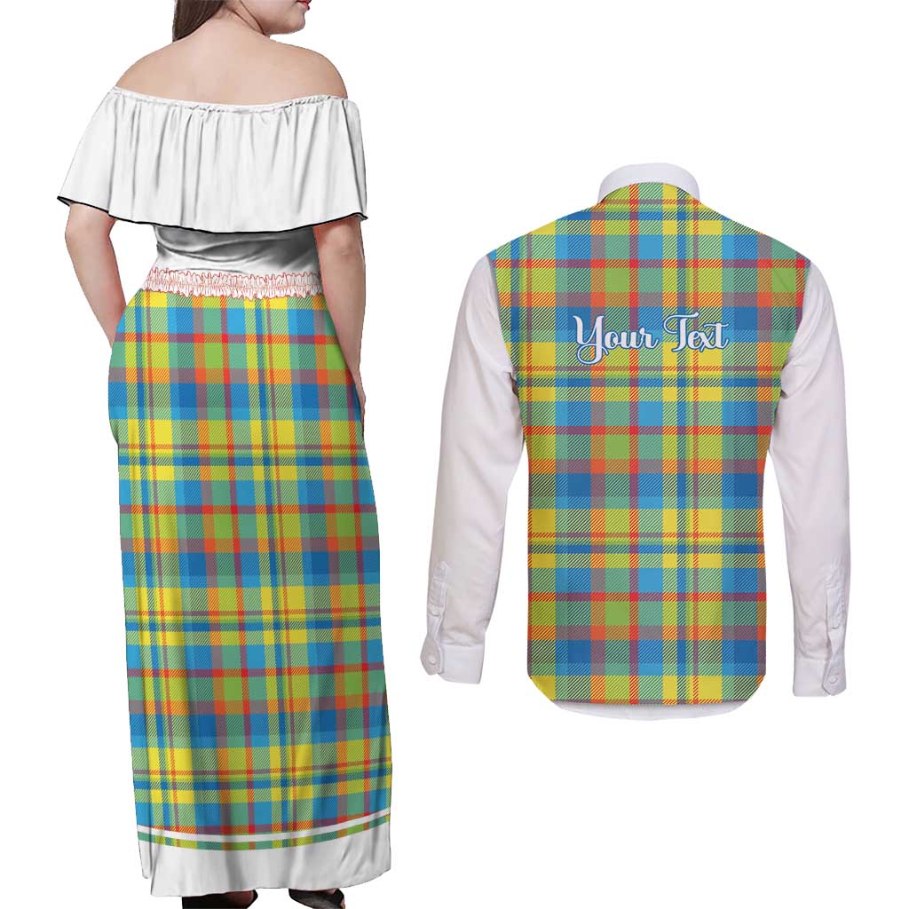 Personalized Dominica Creole Day Couples Matching Off Shoulder Maxi Dress and Long Sleeve Button Shirt Jounen Kweyol Blue Madras Proud - Wonder Print Shop