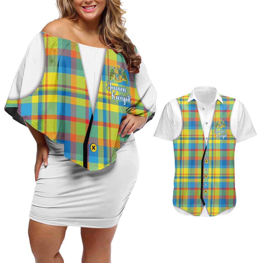 Personalized Dominica Creole Day Couples Matching Off Shoulder Short Dress and Hawaiian Shirt Jounen Kweyol Blue Madras Proud - Wonder Print Shop
