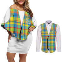 Personalized Dominica Creole Day Couples Matching Off Shoulder Short Dress and Long Sleeve Button Shirt Jounen Kweyol Blue Madras Proud - Wonder Print Shop