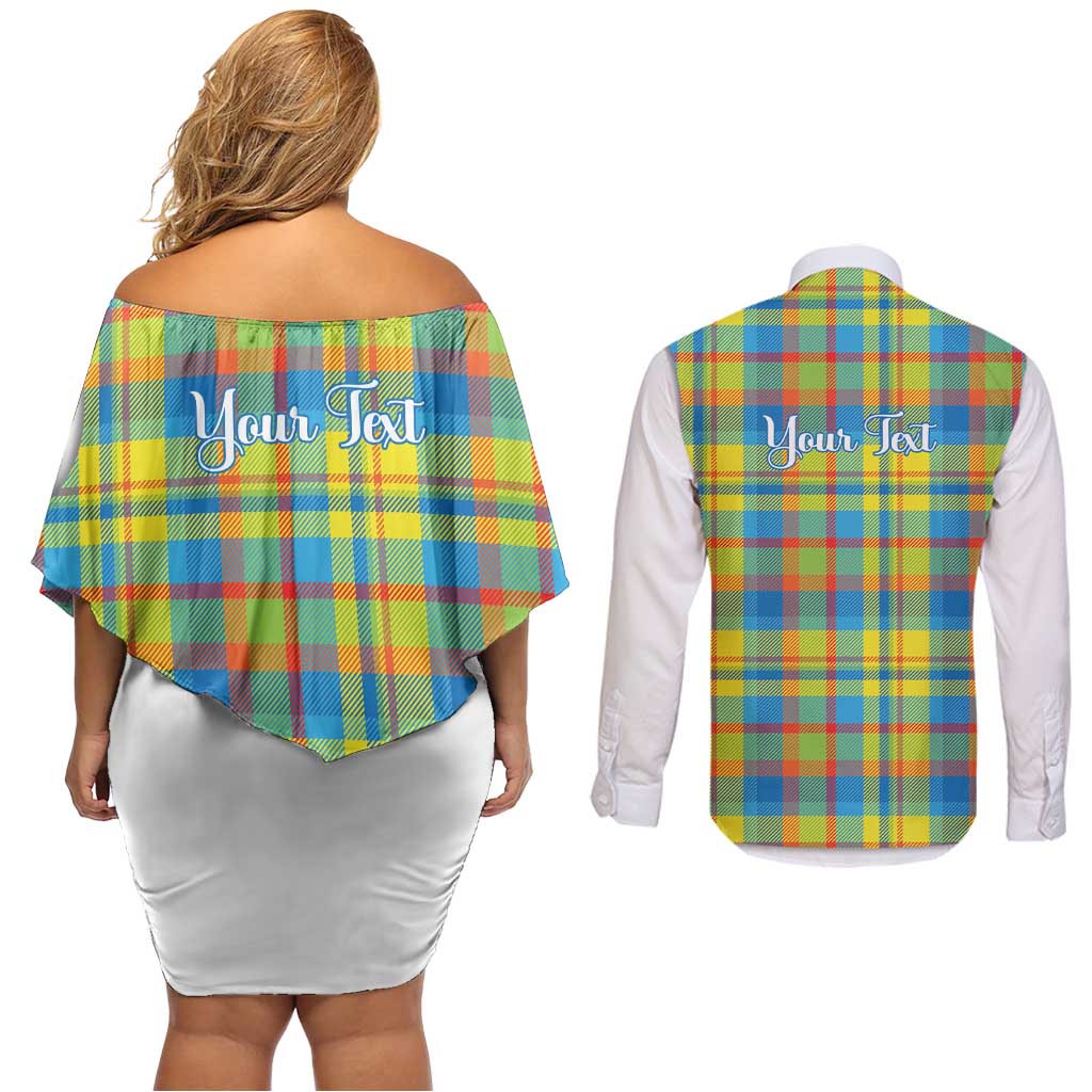 Personalized Dominica Creole Day Couples Matching Off Shoulder Short Dress and Long Sleeve Button Shirt Jounen Kweyol Blue Madras Proud - Wonder Print Shop