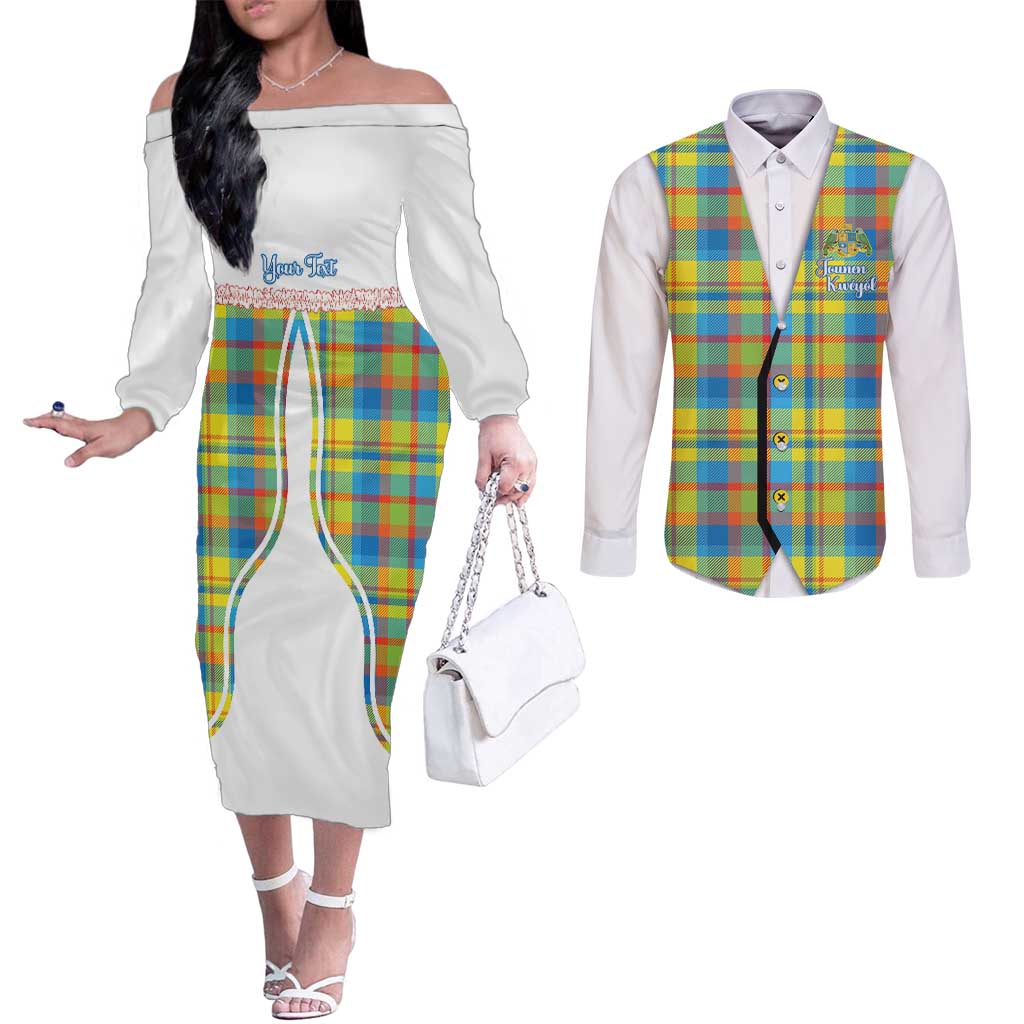 Personalized Dominica Creole Day Couples Matching Off The Shoulder Long Sleeve Dress and Long Sleeve Button Shirt Jounen Kweyol Blue Madras Proud - Wonder Print Shop