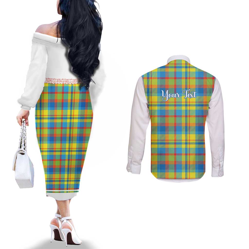 Personalized Dominica Creole Day Couples Matching Off The Shoulder Long Sleeve Dress and Long Sleeve Button Shirt Jounen Kweyol Blue Madras Proud - Wonder Print Shop