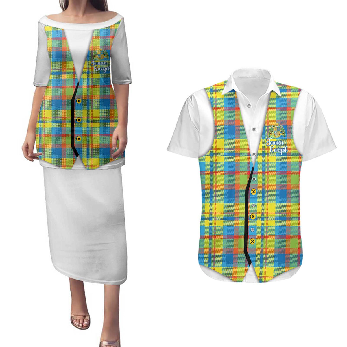 Personalized Dominica Creole Day Couples Matching Puletasi and Hawaiian Shirt Jounen Kweyol Blue Madras Proud - Wonder Print Shop