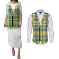 Personalized Dominica Creole Day Couples Matching Puletasi and Long Sleeve Button Shirt Jounen Kweyol Blue Madras Proud - Wonder Print Shop