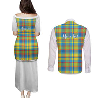 Personalized Dominica Creole Day Couples Matching Puletasi and Long Sleeve Button Shirt Jounen Kweyol Blue Madras Proud - Wonder Print Shop
