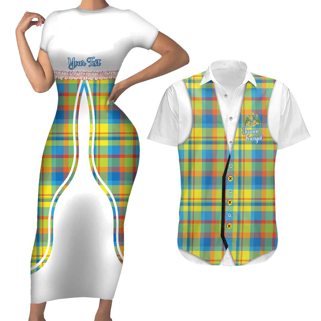 Personalized Dominica Creole Day Couples Matching Short Sleeve Bodycon Dress and Hawaiian Shirt Jounen Kweyol Blue Madras Proud - Wonder Print Shop