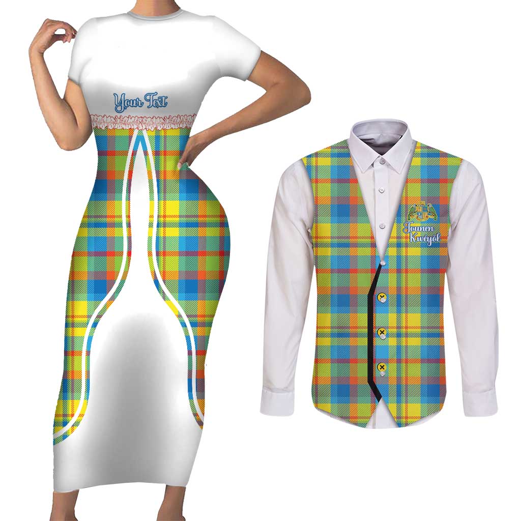 Personalized Dominica Creole Day Couples Matching Short Sleeve Bodycon Dress and Long Sleeve Button Shirt Jounen Kweyol Blue Madras Proud - Wonder Print Shop