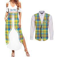 Personalized Dominica Creole Day Couples Matching Summer Maxi Dress and Long Sleeve Button Shirt Jounen Kweyol Blue Madras Proud - Wonder Print Shop