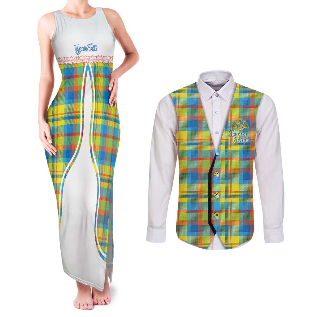 Personalized Dominica Creole Day Couples Matching Tank Maxi Dress and Long Sleeve Button Shirt Jounen Kweyol Blue Madras Proud - Wonder Print Shop