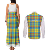 Personalized Dominica Creole Day Couples Matching Tank Maxi Dress and Long Sleeve Button Shirt Jounen Kweyol Blue Madras Proud - Wonder Print Shop