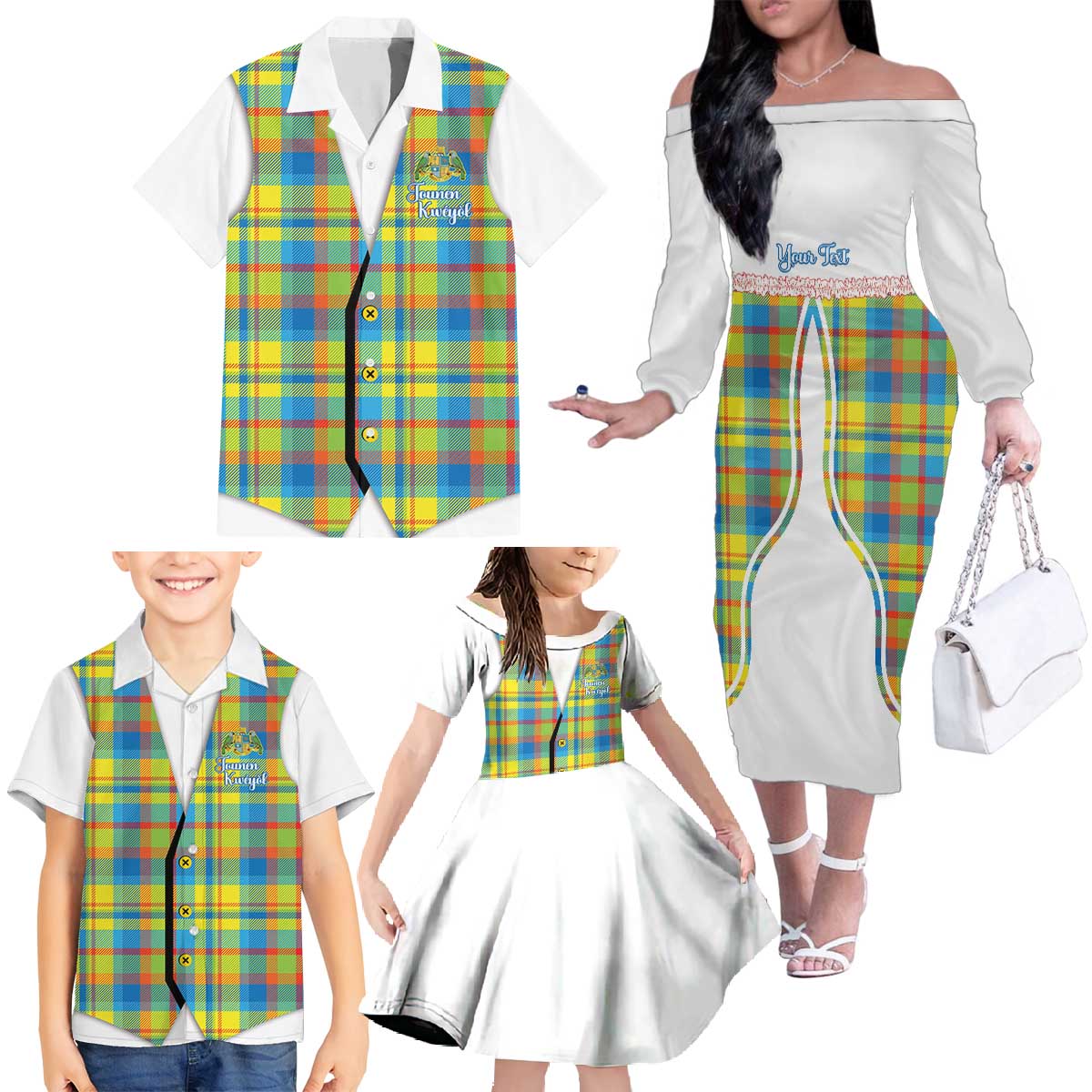 Personalized Dominica Creole Day Family Matching Off The Shoulder Long Sleeve Dress and Hawaiian Shirt Jounen Kweyol Blue Madras Proud - Wonder Print Shop