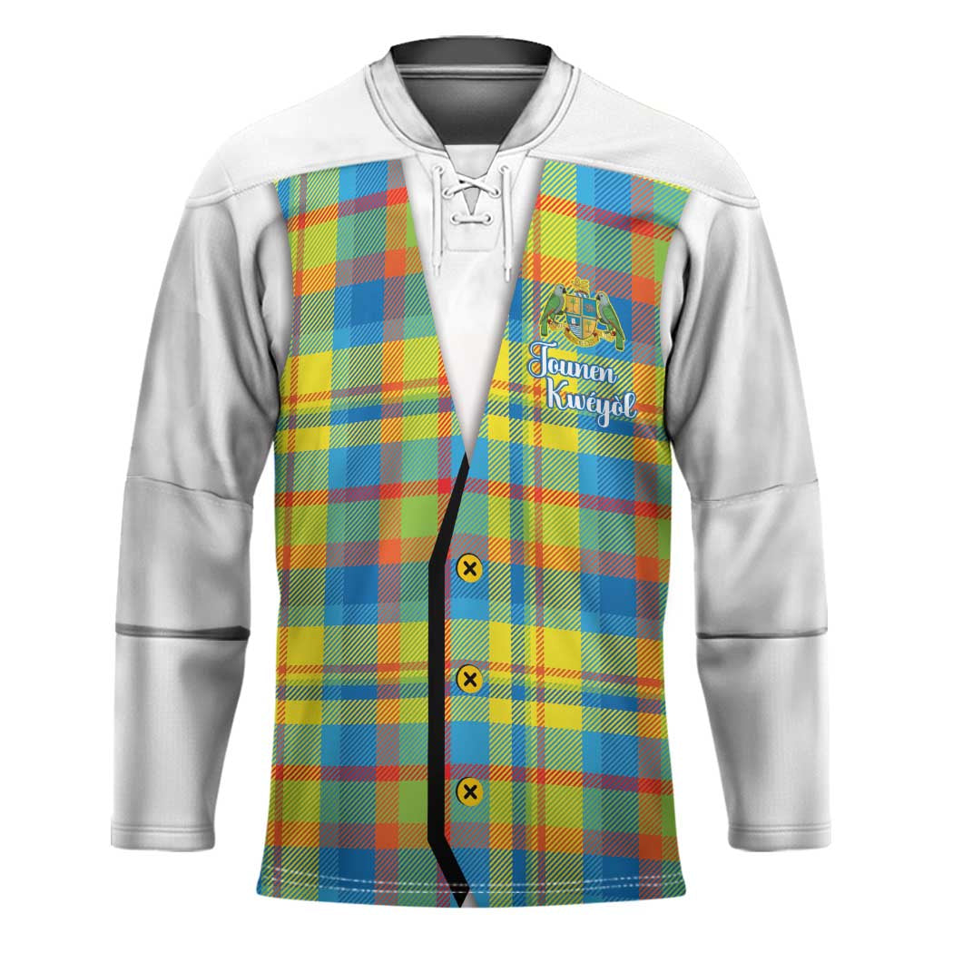 Personalized Dominica Creole Day Hockey Jersey Jounen Kweyol Blue Madras Proud - Wonder Print Shop