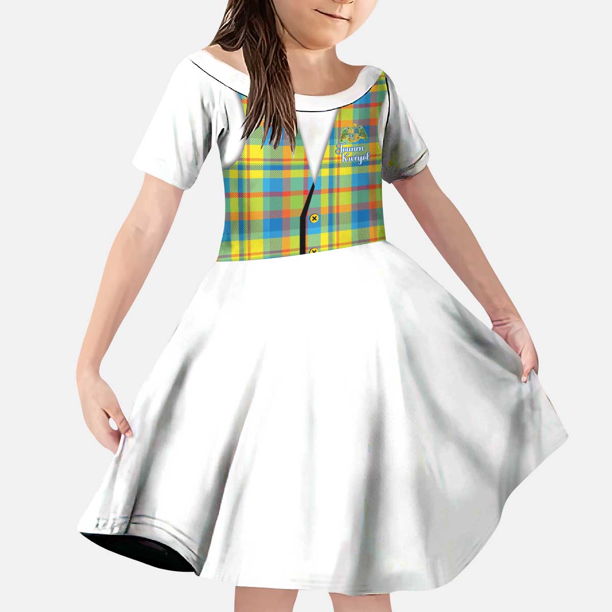 Personalized Dominica Creole Day Kid Short Sleeve Dress Jounen Kweyol Blue Madras Proud - Wonder Print Shop