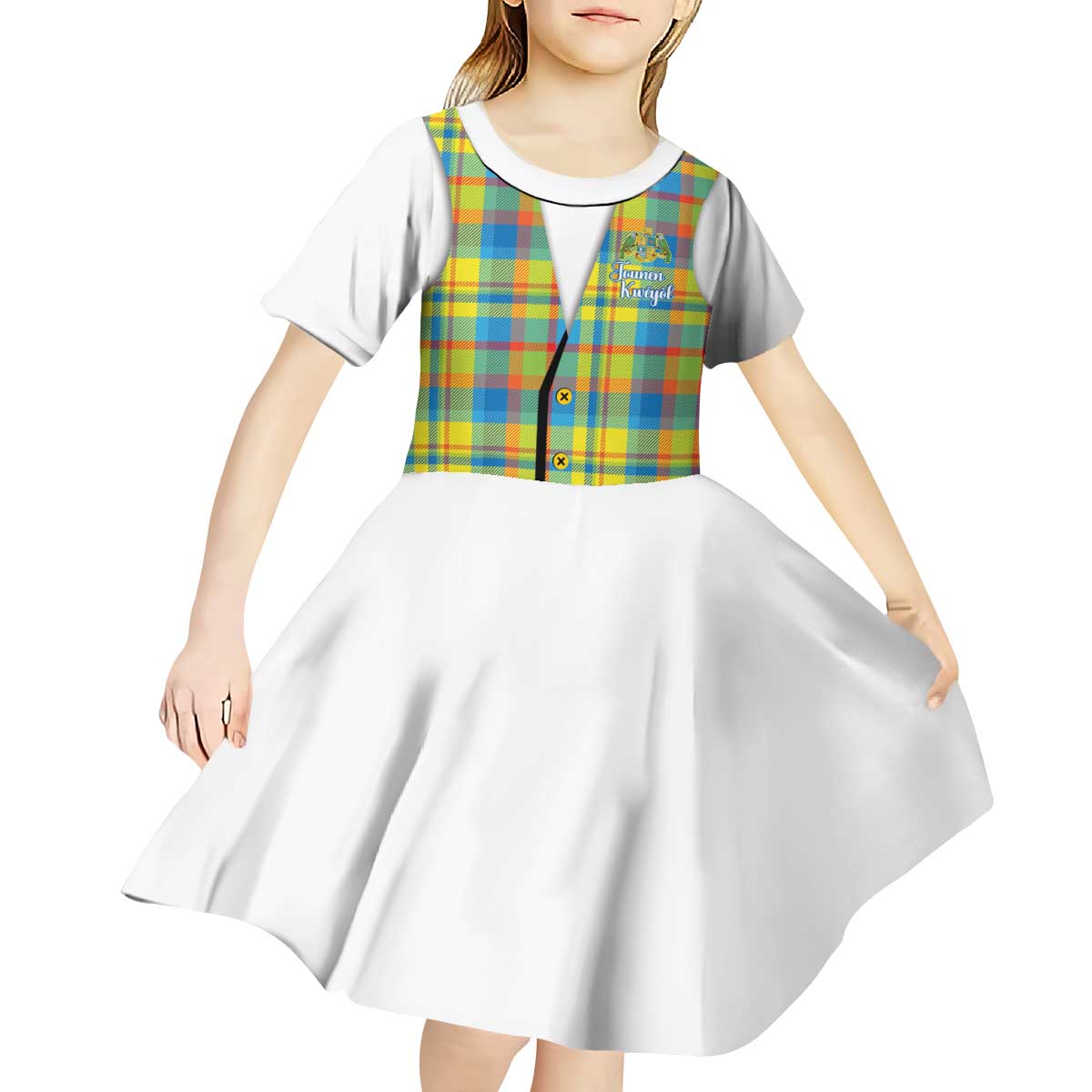 Personalized Dominica Creole Day Kid Short Sleeve Dress Jounen Kweyol Blue Madras Proud - Wonder Print Shop