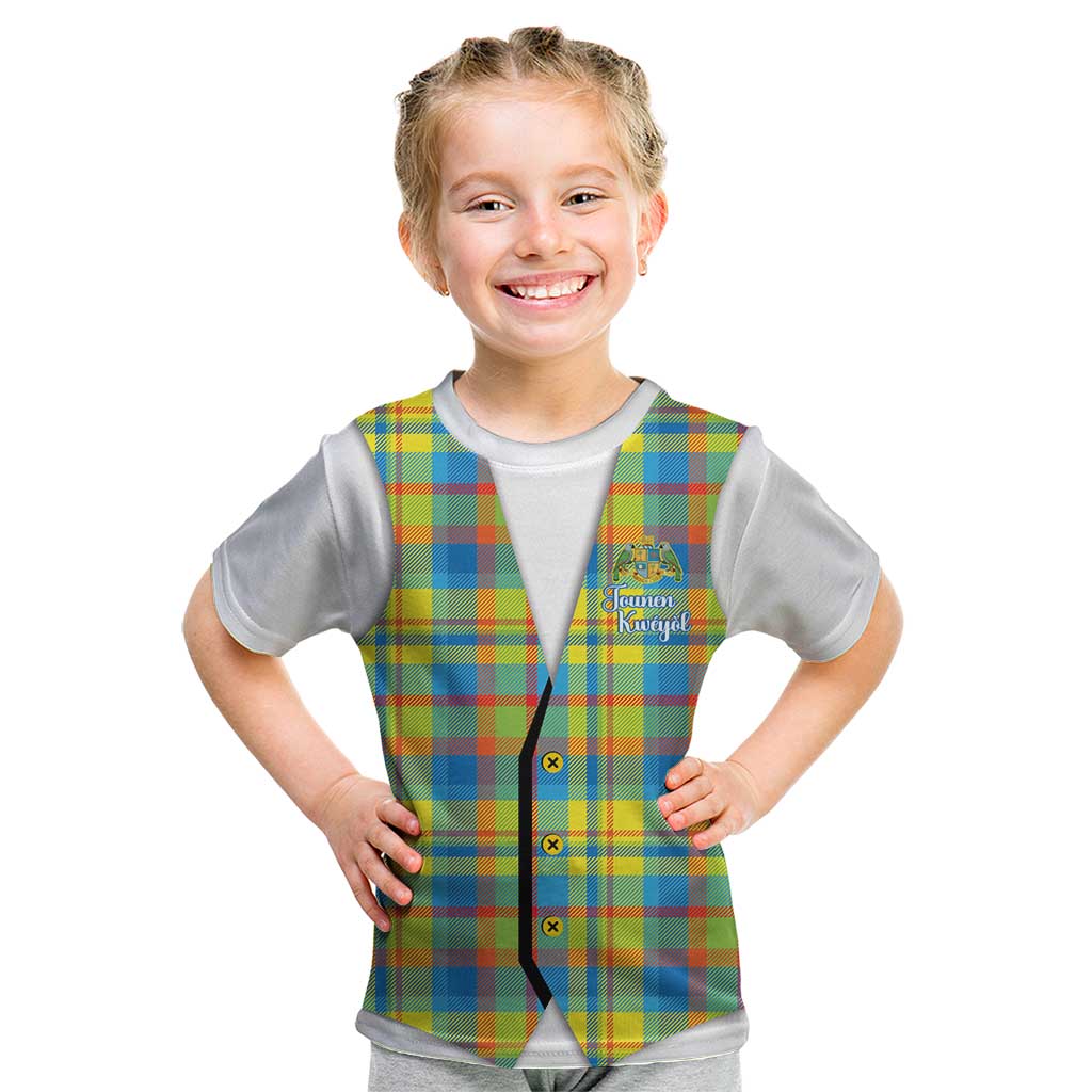 Personalized Dominica Creole Day Kid T Shirt Jounen Kweyol Blue Madras Proud - Wonder Print Shop