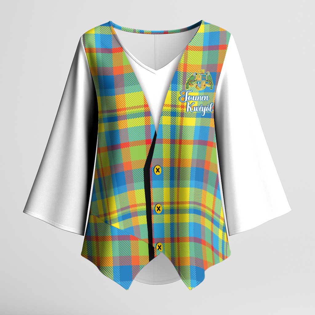 Personalized Dominica Creole Day Kimono Sleeve Blouse Jounen Kweyol Blue Madras Proud - Wonder Print Shop