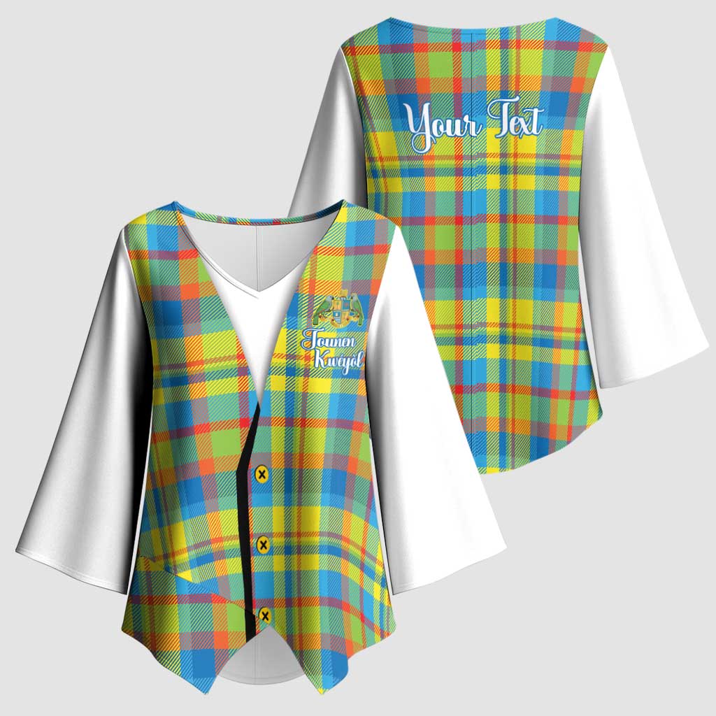 Personalized Dominica Creole Day Kimono Sleeve Blouse Jounen Kweyol Blue Madras Proud - Wonder Print Shop