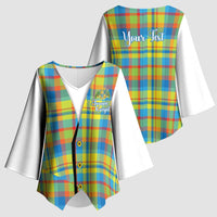 Personalized Dominica Creole Day Kimono Sleeve Blouse Jounen Kweyol Blue Madras Proud - Wonder Print Shop