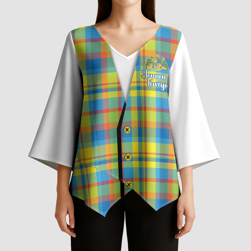 Personalized Dominica Creole Day Kimono Sleeve Blouse Jounen Kweyol Blue Madras Proud - Wonder Print Shop