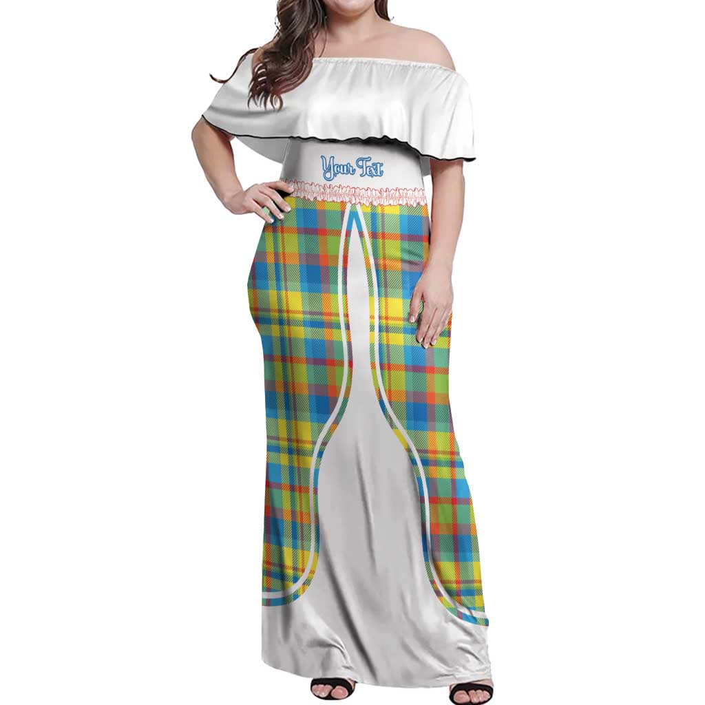 Personalized Dominica Creole Day Off Shoulder Maxi Dress Jounen Kweyol Blue Madras Proud - Wonder Print Shop