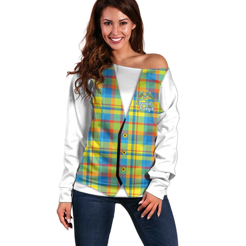 Personalized Dominica Creole Day Off Shoulder Sweater Jounen Kweyol Blue Madras Proud - Wonder Print Shop
