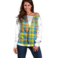 Personalized Dominica Creole Day Off Shoulder Sweater Jounen Kweyol Blue Madras Proud - Wonder Print Shop