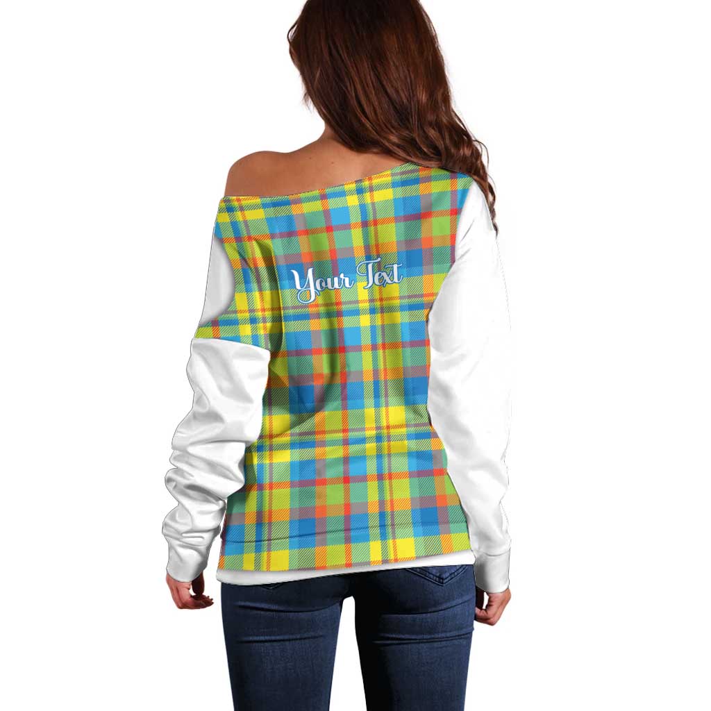 Personalized Dominica Creole Day Off Shoulder Sweater Jounen Kweyol Blue Madras Proud - Wonder Print Shop