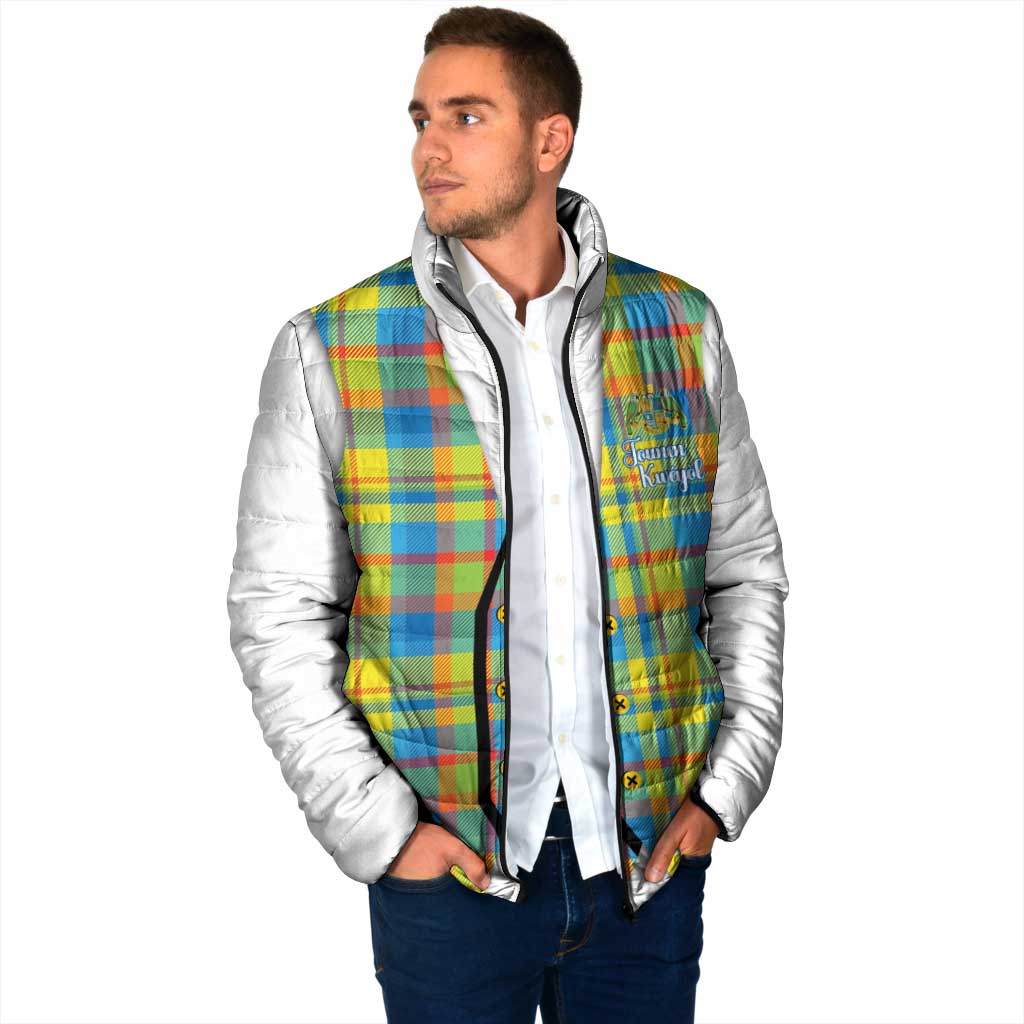 Personalized Dominica Creole Day Padded Jacket Jounen Kweyol Blue Madras Proud - Wonder Print Shop