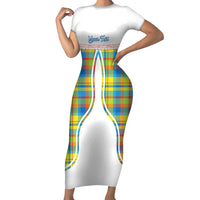 Personalized Dominica Creole Day Short Sleeve Bodycon Dress Jounen Kweyol Blue Madras Proud - Wonder Print Shop