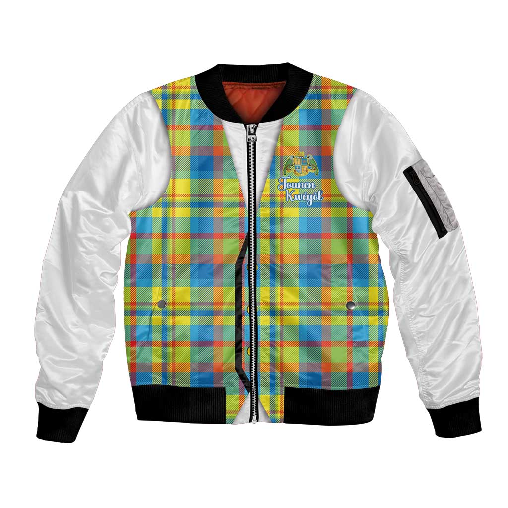 Personalized Dominica Creole Day Sleeve Zip Bomber Jacket Jounen Kweyol Blue Madras Proud - Wonder Print Shop