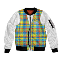 Personalized Dominica Creole Day Sleeve Zip Bomber Jacket Jounen Kweyol Blue Madras Proud - Wonder Print Shop