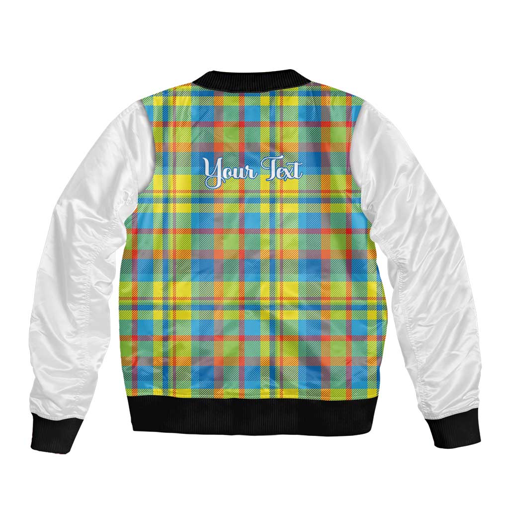 Personalized Dominica Creole Day Sleeve Zip Bomber Jacket Jounen Kweyol Blue Madras Proud - Wonder Print Shop