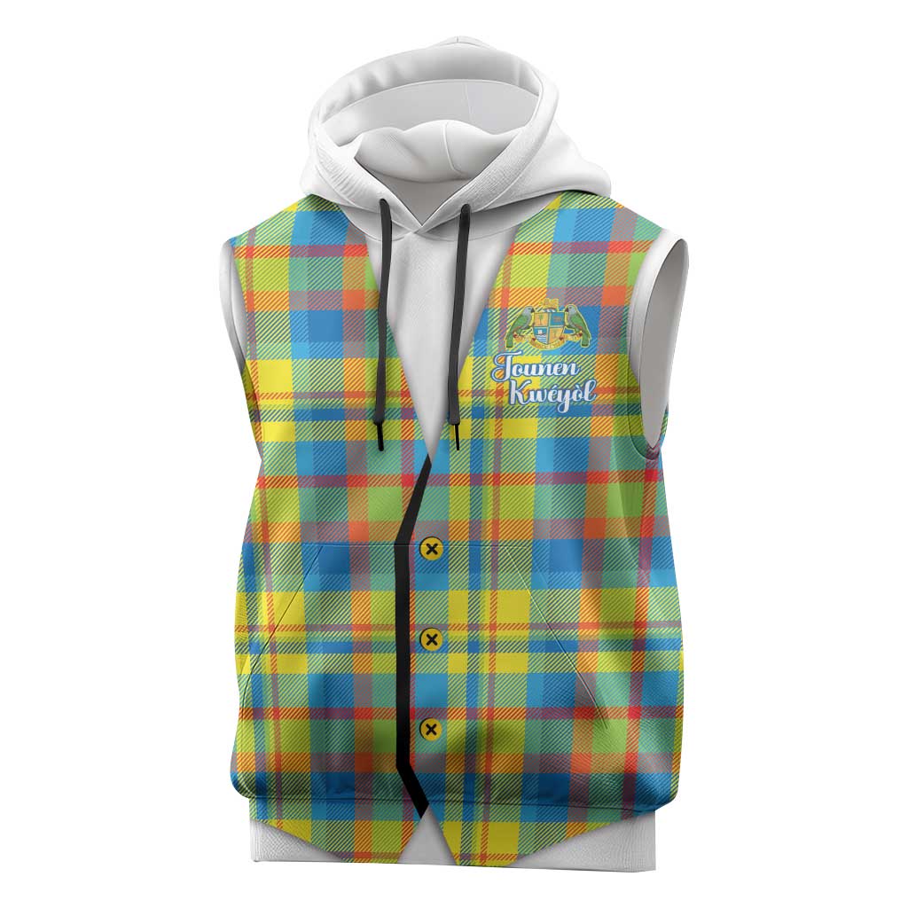 Personalized Dominica Creole Day Sleeveless Hoodie Jounen Kweyol Blue Madras Proud - Wonder Print Shop