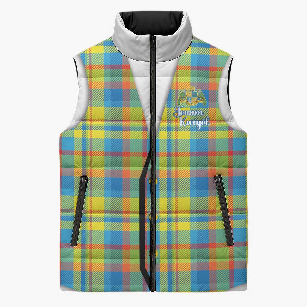Personalized Dominica Creole Day Sleeveless Puffer Jacket Jounen Kweyol Blue Madras Proud - Wonder Print Shop