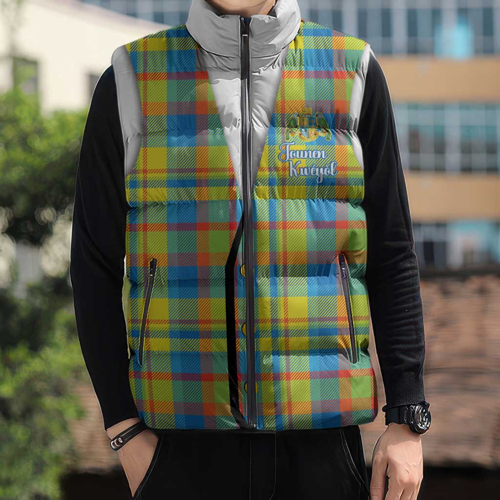 Personalized Dominica Creole Day Sleeveless Puffer Jacket Jounen Kweyol Blue Madras Proud - Wonder Print Shop