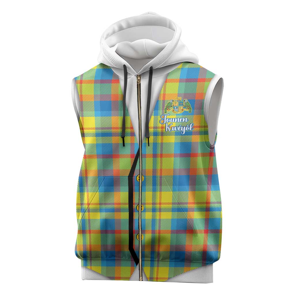 Personalized Dominica Creole Day Sleeveless Zip Hoodie Jounen Kweyol Blue Madras Proud - Wonder Print Shop
