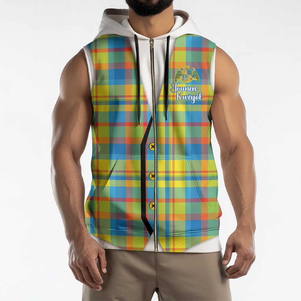 Personalized Dominica Creole Day Sleeveless Zip Hoodie Jounen Kweyol Blue Madras Proud - Wonder Print Shop