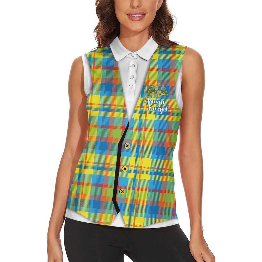 Personalized Dominica Creole Day Women Sleeveless Polo Shirt Jounen Kweyol Blue Madras Proud - Wonder Print Shop