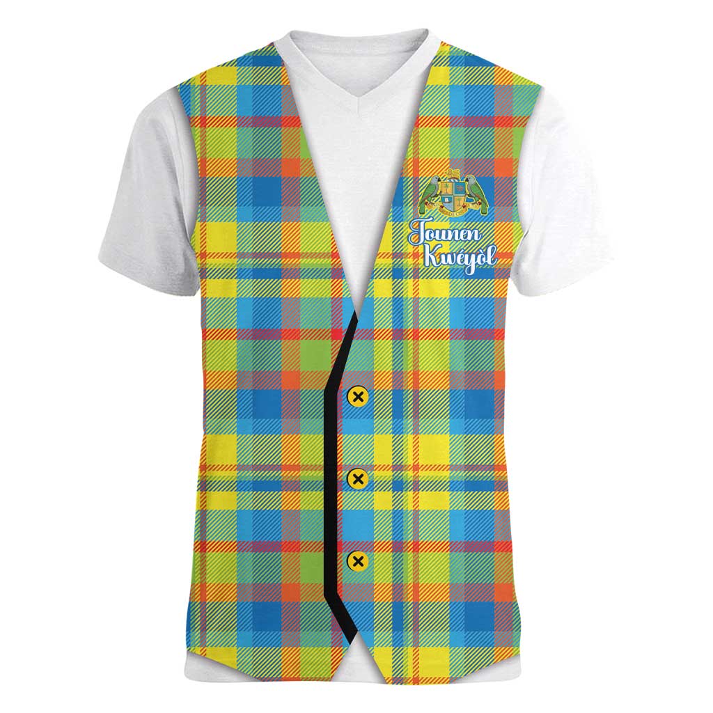 Personalized Dominica Creole Day Women V-Neck T-Shirt Jounen Kweyol Blue Madras Proud - Wonder Print Shop