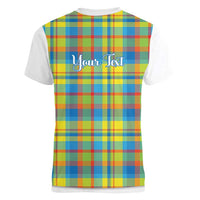 Personalized Dominica Creole Day Women V-Neck T-Shirt Jounen Kweyol Blue Madras Proud - Wonder Print Shop