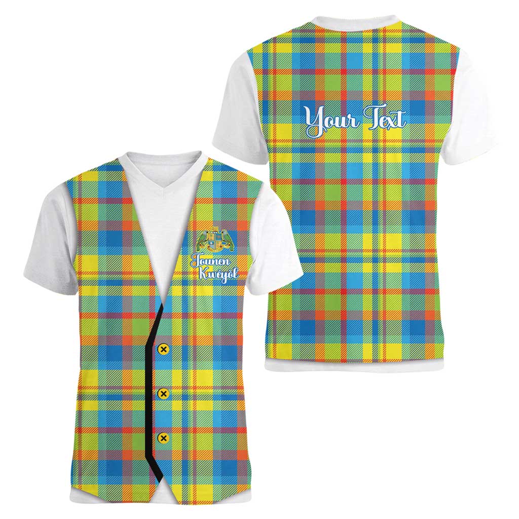 Personalized Dominica Creole Day Women V-Neck T-Shirt Jounen Kweyol Blue Madras Proud - Wonder Print Shop