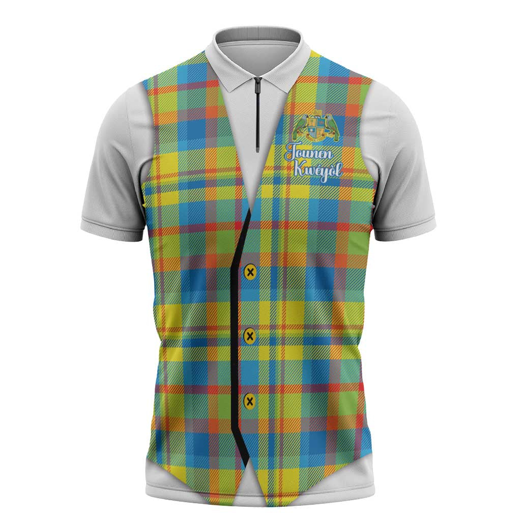 Personalized Dominica Creole Day Zipper Polo Shirt Jounen Kweyol Blue Madras Proud - Wonder Print Shop