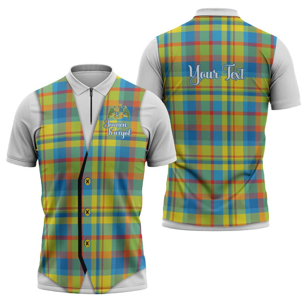 Personalized Dominica Creole Day Zipper Polo Shirt Jounen Kweyol Blue Madras Proud - Wonder Print Shop
