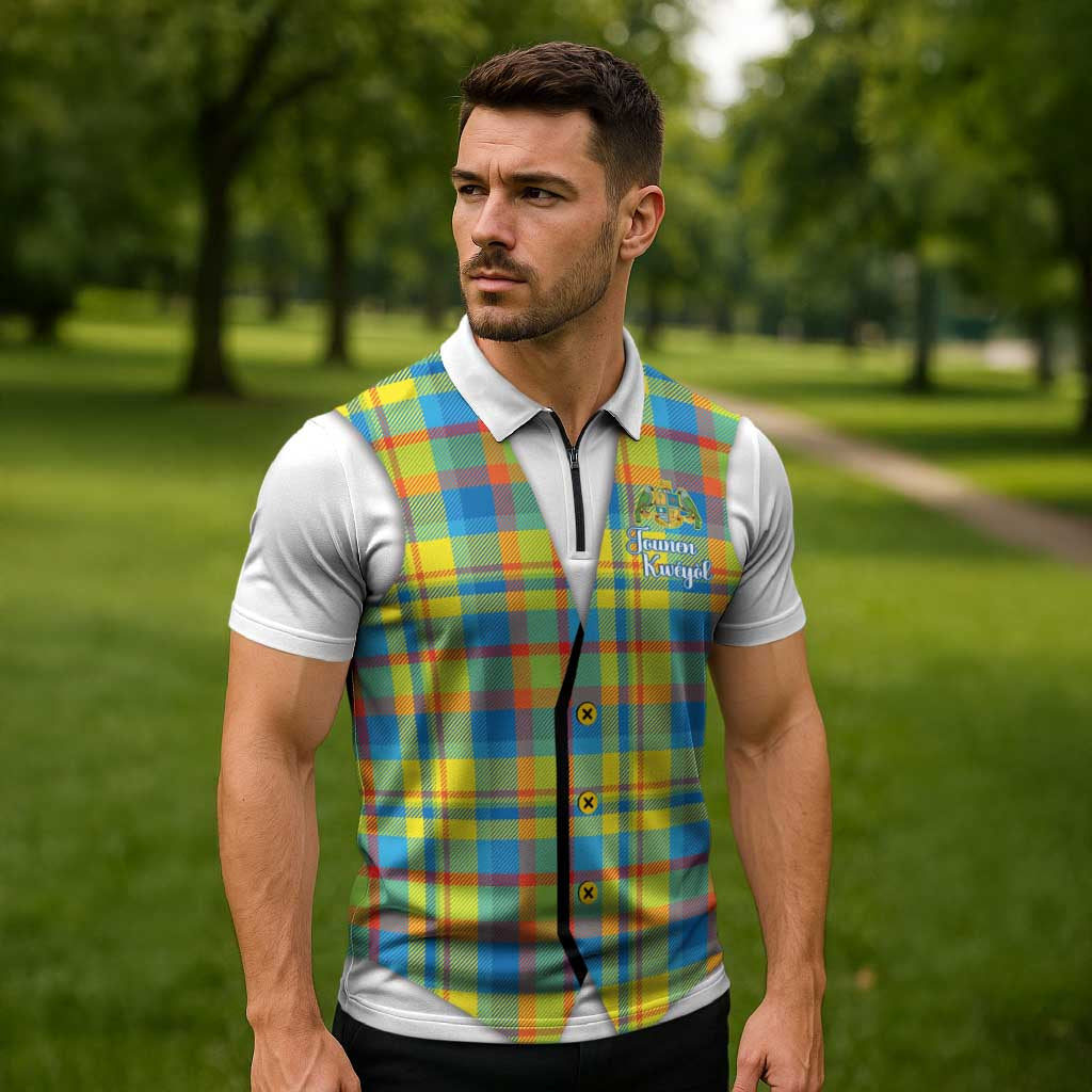 Personalized Dominica Creole Day Zipper Polo Shirt Jounen Kweyol Blue Madras Proud - Wonder Print Shop