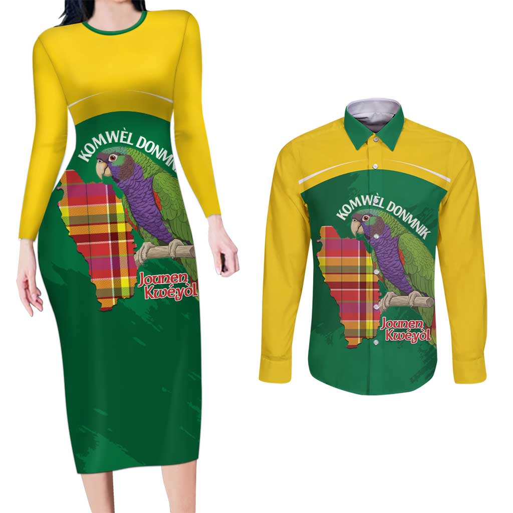 Personalized Komwel Donmnik Jounen Kweyol Couples Matching Long Sleeve Bodycon Dress and Long Sleeve Button Shirt Dominica Creole Day Imperial Amazon - Wonder Print Shop