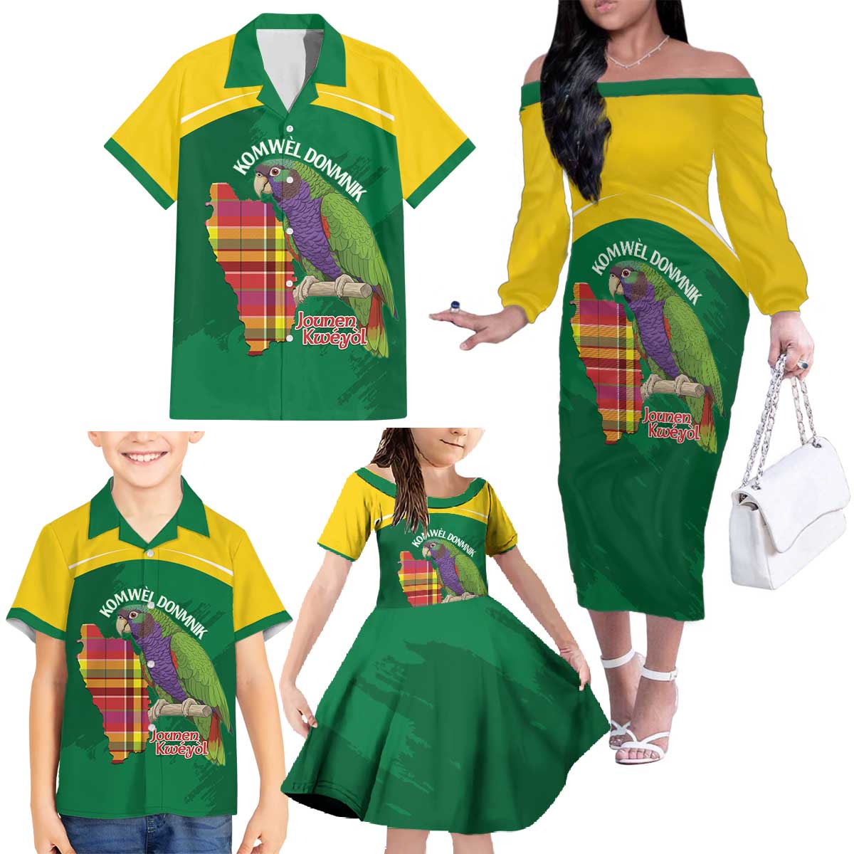 Personalized Komwel Donmnik Jounen Kweyol Family Matching Off The Shoulder Long Sleeve Dress and Hawaiian Shirt Dominica Creole Day Imperial Amazon - Wonder Print Shop
