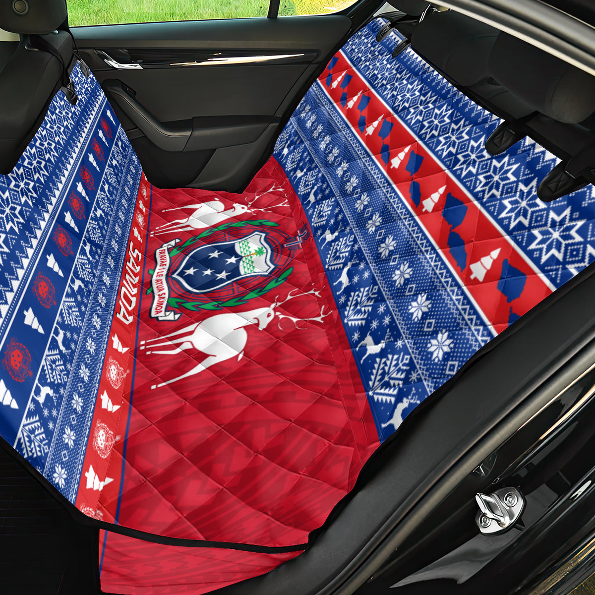 Personalised Samoa Christmas Back Car Seat Cover Samoan Coat Of Arms Manuia Le Kirisimas - Wonder Print Shop