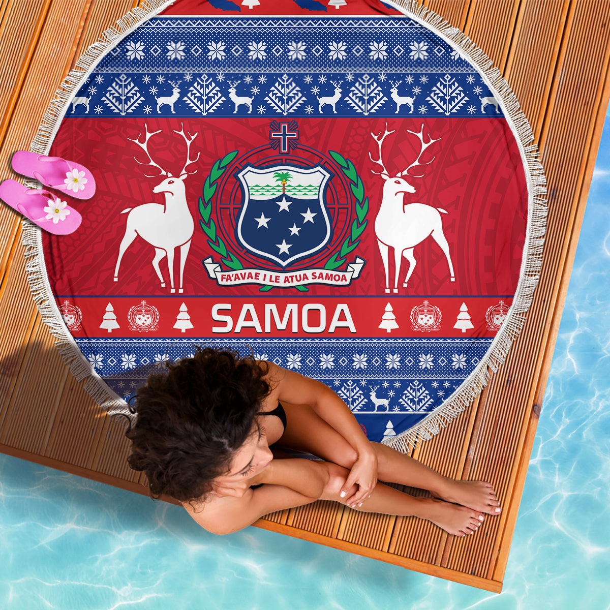 Personalised Samoa Christmas Beach Blanket Samoan Coat Of Arms Manuia Le Kirisimas - Wonder Print Shop
